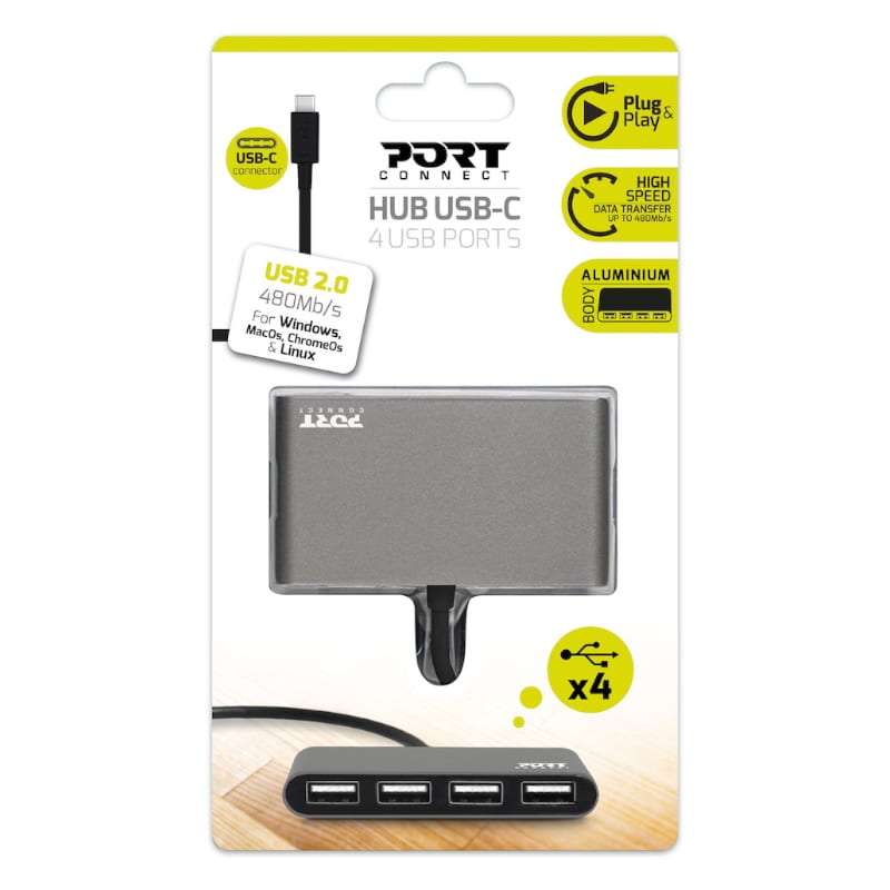 Port USB Type-C to 4 x USB2.0 480Mbs 4 Port Hub – Black
